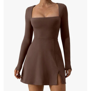 Qinsen Square Neck Long Sleeve Stretch Mini Dress Slit Flare Brown Women's Large